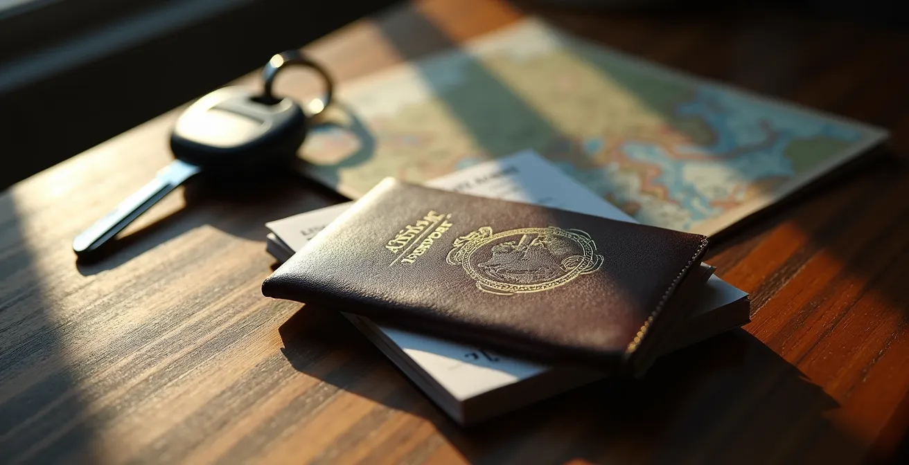 Documents de voyage organisés sur une table avant réservation