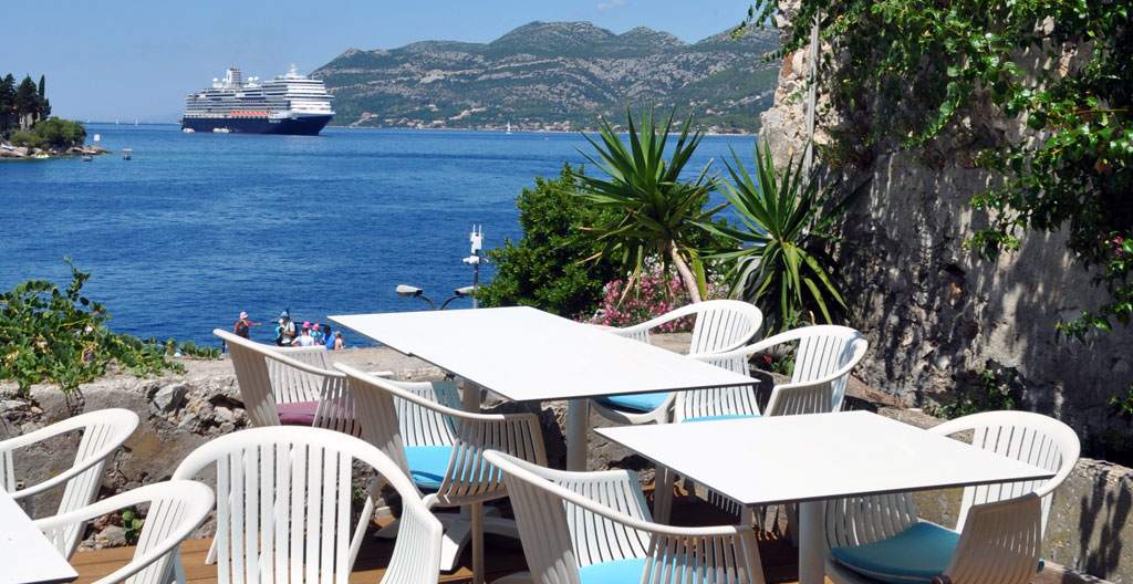 Couple avec chien à la terrasse cafétéria du port ferry, pause café