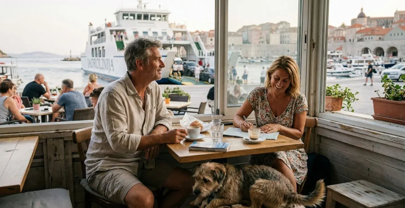 Couple avec chien à la terrasse cafétéria du port ferry, pause café