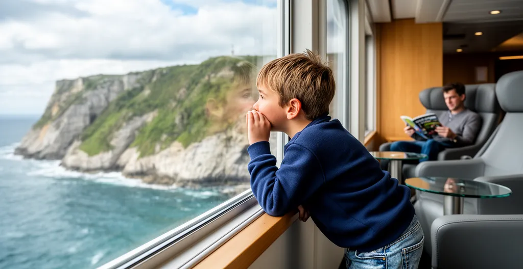Enfant regardant la côte corse par la fenêtre du ferry