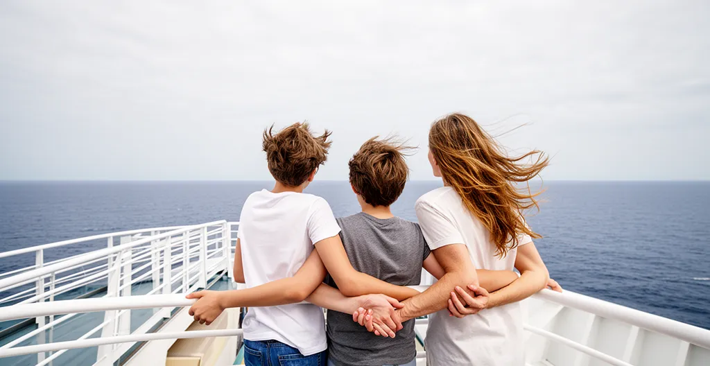 Famille profitant de la traversée ferry vers la Corse sur le pont extérieur