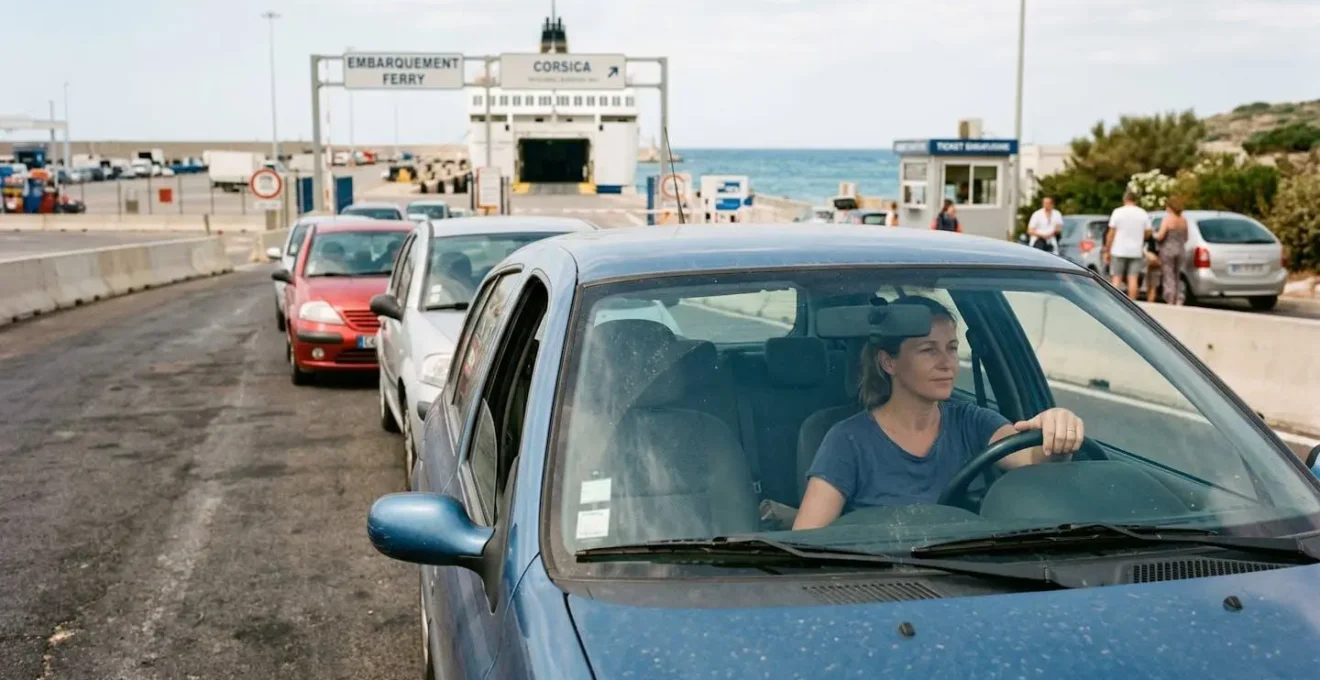 File de voitures au terminal ferry en été, conducteur consultant son téléphone